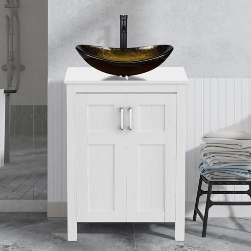 ARTETHYS Bathroom Vanity Units with Basin, 60cm White Bathroom Sink Cabinet Free Standing with Cloakroom Gold Glass Vessel Sink