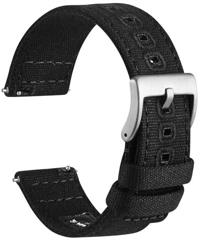 WOCCI 22mm Segeltuchstoff Uhrenarmband, Schnellverschluss, Ersatzband, Silberne Schnalle (Schwarz)