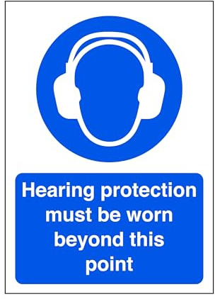 Hearing protection must be worn beyond this point - safety sign, ppe clothing, ppe - High tack self-adhesive sticker (300mm x 200mm) Viewing Distance within 7m.