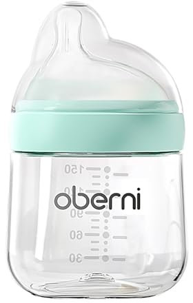 Oberni Baby Bottles with Slow Free Flow Off-Centered Teat for 0+ Months, Anti Colic Newborn Milk Feeding Bottle, 150ml/5oz/Blue/1Pack