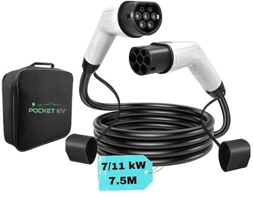 PocketEV - Type 2 EV Charging Cable - 32A - 7kW and 11kW - 3 Phase - 7.5 Meter - Type 2 to Type 2 EV Charging Cable - Facilitates Fast Charging for Electric Vehicles 330e, i3, Kuga, Ioniq, ZS & More