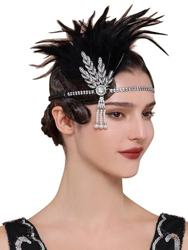 BABEYOND Flapper 1920s Gatsby Stirnband - 20er Jahre Vintage Strass Haarschmuck Hochzeit Ball Damen Feder Kopfbedeckungen Schwarzes