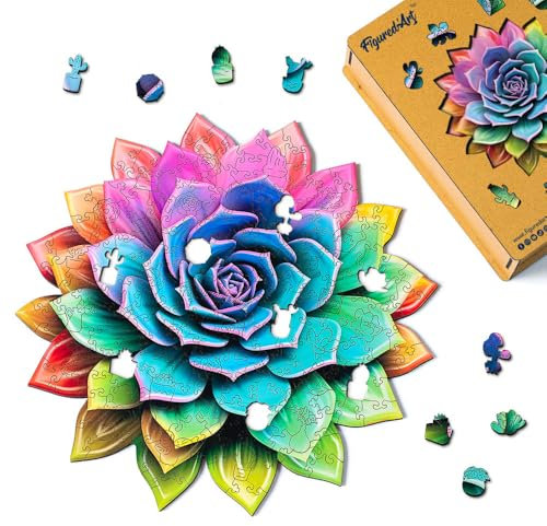 Figured'Art Holzpuzzle Erwachsene und Kinder 200 Teile - Regenbogen-Sukkulente - Originelles Design 28,8x28,3 cm Einzigartige Form mit Premium-Holzkiste