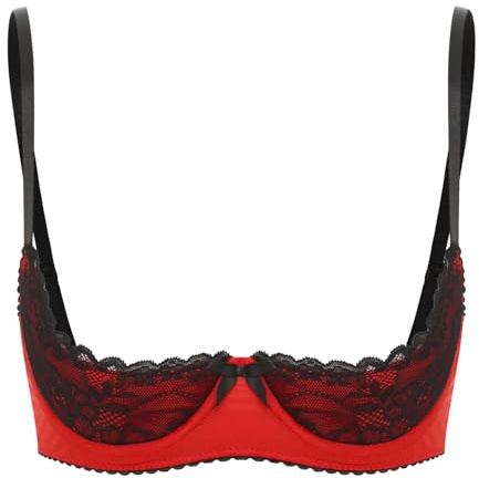 Freebily Femmes Soutien-Gorge Bustier à Armatures Rembourré Balconnet en Dentelle Transparente Brassière Bonnets 1/4 Lingerie Bra Mariage Rouge L