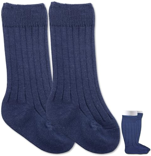 BABYZOCO Calcetines Altos de Algodón para Bebé, Calcetas Largas, Medias Largas de Algodón, Apto para 12 a 24 meses (FR/ES, Edad, 12 meses, 24 meses, Azul Oscuro)