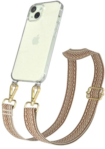 EAZY CASE Handykette - Verstellbares Taschenband kompatibel mit iPhone 15, Schulterriemen, Handykordel mit Silikon Hülle, Umhängetasche, Beige Braun Gold