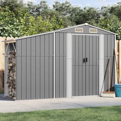 Canditree Abri de Jardin en Métal avec 2 Portes, Support pour Bois de Chauffage, Cabane de Jardin avec Toit Prolongé pour Vélos, Outils, Poubelles (Gris)