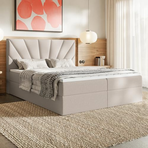 MOTIVENA Aspen Boxspringbett 180x200 mit Bettkasten und Topper, Polsterbett 180x200 mit Bettkasten, Taschenfederkern-Matratze (H3), Visco Memory-Foam Topper (H2), Boucle, Beige