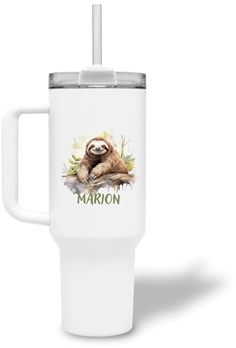 Thermobecher personalisiert „Faultier“ mit Namen - XXL Trinkbecher mit Henkel und Strohhalm 1,2 l / 40oz - personalisiertes Geschenk für Faultier-Liebhaber zum Geburtstag, Weihnachten