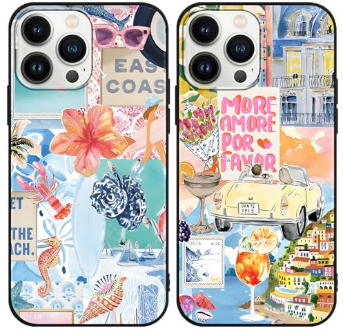 Phoona 2 Pack Cute Case for iPhone 13 Pro Max 6.7, European Collage Preppy Summer Girly Design Pattern for Girls Women, Slim Soft Silicone Shockproof Bumper Protector Cover, Blue 03