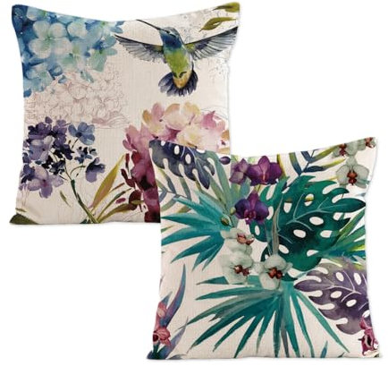 MSLSOZ Dekorative Kissenbezüge 40x40 cm Tropische Vogel Blumen Muster Versteckter Reißverschluss 2er Set Leinen