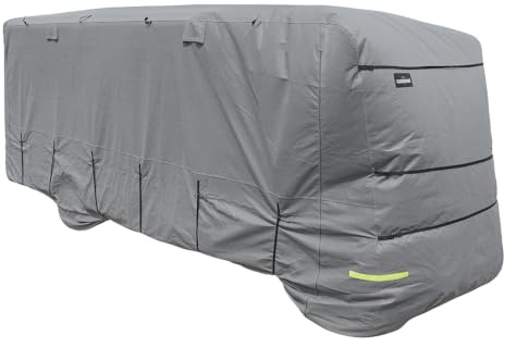 Campout Wohnmobil Schutzhülle - 8,50 m - Wohnmobilabdeckung – Caravan-Schutzhüllen – Wasserdicht und UV-beständig – Reflektierend – 4-lagiges SFS-Gewebe, 160 g/m² – YKK-Reißverschlüsse – Grau