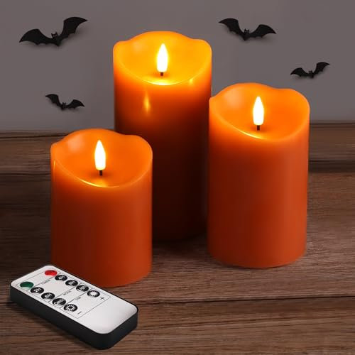 Girimax Burnt Orange Flameless Pillar Candles with Remote, Halloween Fall LED Candles Battery Operated, Real Wax Electric Candles Flickering Set of 3