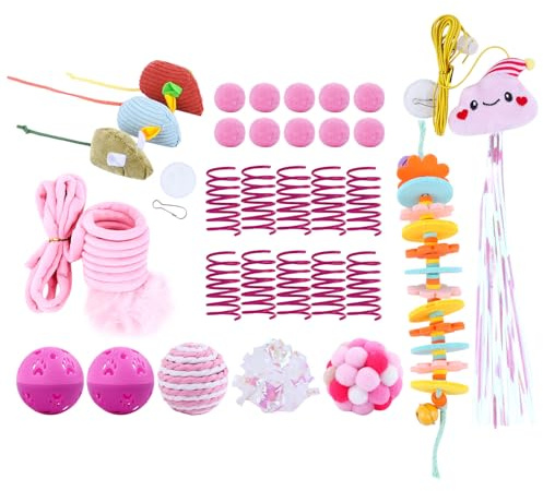 Artmitz Interactive Cat Toys Bundle – 31 Piece Kitten Cat Toy Set with Door Hanging Teaser, Bell, Fuzzy Balls, Springs, Teething Stick & Catnip Mouse – Fun Indoor Play for Cats & Kittens (Pink)