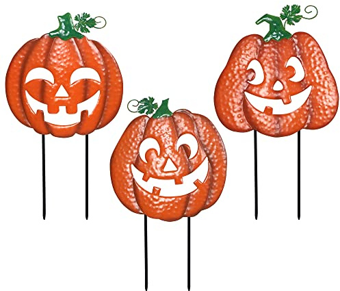 3 Stück beleuchtete Gartenstecker aus Metall – batteriebetrieben mit Timer, Outdoor-Halloween-Hof und Wegdekoration