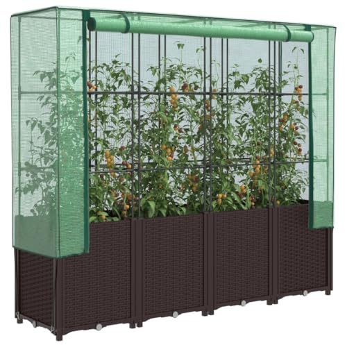 QJBSAVVA Hochbeet mit Gewächshausaufsatz 160x40x153 cm Rattan Optik Hochbeete für Garten und Balkon Stabiles PP Material mit Eisenrohr Rahmen und PE Abdeckung
