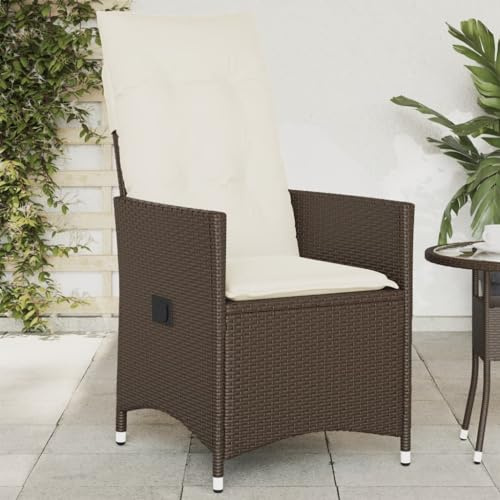 SKTQYQO Gartenstuhl aus Polyrattan, braun, mit abnehmbaren Kissen, verstellbare Rückenlehne und Fußstütze, Gestell aus pulverbeschichtetem Stahl, ideal für den Außenbereich
