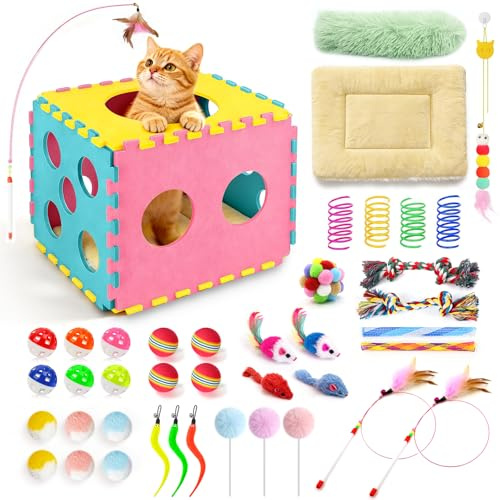 41 Pcs Interactive Toys for Cats,Include Foldable Felt Pet Bed with Pillow | Cat Toy for Interactive Feather Wand, Bell Balls, Springs & Plush Mice for Indoor Cats Playing Exercise