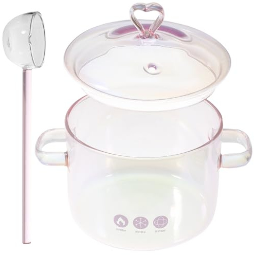 NUOBESTY Olla de Vidrio para Guisar 1500 Ml con Tapa y Cuchara, Olla Transparente Resistente al Calor, Adecuado para Cocina Doméstica y Sopa, Cacerola Doble Asa Color Rosa