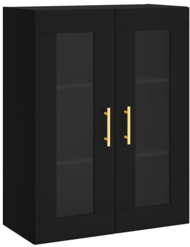 Mhdvray Schwarzer Hängeschrank 69,5x34x90 cm aus Holzwerkstoff und Glas, Modernes Highboard mit Glastüren, Schmaler Beistellschrank für Flur, Wohnzimmer und Schlafzimmer