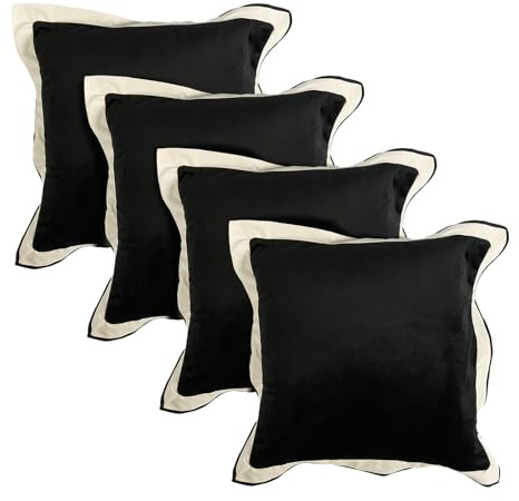 OHS Set of 4 Cushion Covers, Soft Matte Velvet Oxford Edge Decorative Cushion Covers 45 x 45 Home Decor Square Throw Pillow Cover with Invisible Zipper for Living Room Bedroom, Black/White
