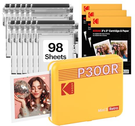 KODAK Mini 2 Retro 2x3 Portable Photo Printer, 4PASS, 98 Sheets, Yellow | Bluetooth, iPhone & Android Smartphone Compatible, Smudge-Proof, Water-Resistant, Fade-Resistant