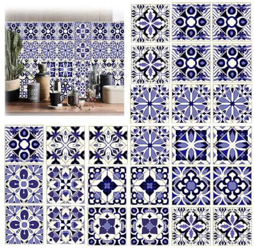 PHMING 24 Stück Fliesenfolie Bad, 10cm Fliesenaufkleber Bad Wasserfest | Marokkanischer Stil Blau Folie für Fliesen Bad, 10 Muster, für Badezimmer, Küchen und Balkone