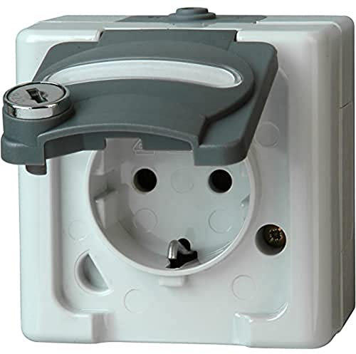 Kopp, BLUE ELECTRIC - Schutzkontakt-Steckdose mit Klappdeckel und Sicherheitsschloss (Nr. 8), Farbe: grau, 250V, 16A, 104256004