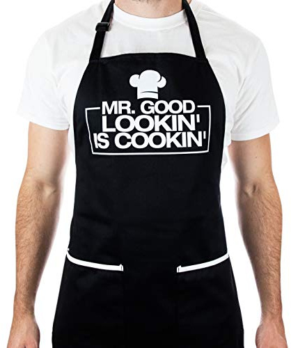 Lustige Schürze für Herren mit 2 großen Taschen, Einheitsgröße, Kochschürze zum Grillen, Kochen, passend für Grillzubehör, Handy, schwarz, Eine Größe passt meistens