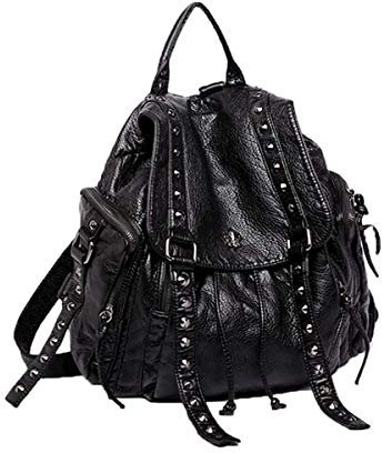 Coolives Damen Punk Große Rucksackhandtasche mit Niet Teenager Mädchen Rucksäcke Daypack aus PU Leder Schwarz EINWEG