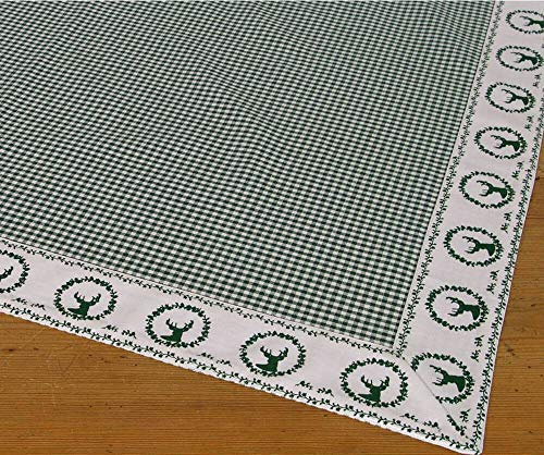 Tischdecke RESI kariert Hirsch Druck grün - Großes Stoff Tischtuch Landhausstil 100 x 100 cm Tischdeko quadratisch - Waschbare Mitteldecke aus 100 % Baumwolle, als moderne Esstischdeko, Weihnachtsdeko