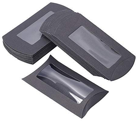 BENECREAT 30PCS 12.5x7.4x4.2cm schwarze Kraftpapier Kissenschachteln mit klarem Fenster, wiederverwendbar Geschenkkästen Treat Box für Babyparty, Geburtstag und Hochzeitsfeier