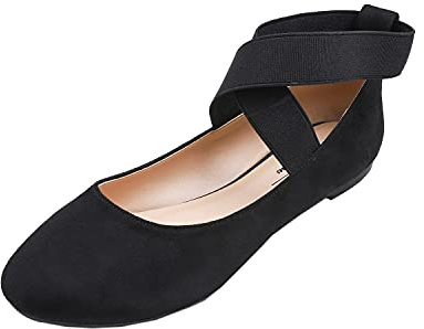 Feversole Women's Stretchy Elastic Ankle Straps Ballet Flats Shoes Black Suede Size 5 UK