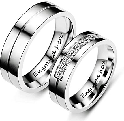 AMDXD 2er Verlobungsringe, 6MM Ringe Herren Set mit Zirkonia Pärchen Ring mit Gravur, Silber, Damen 52 (16.6) & Herren 65 (20.7)