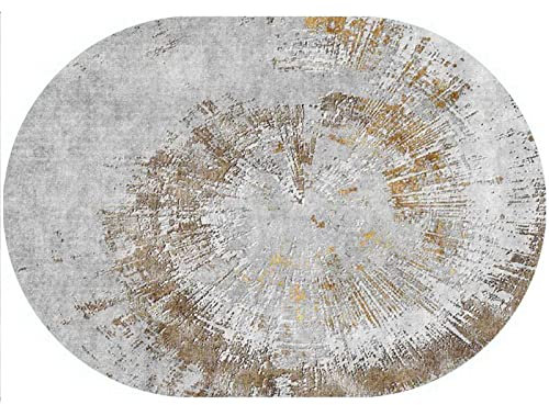 Rururug Teppich Oval Moderner Läufer Orientteppich Kurzflor Flur Schlafzimmer Küche Wohnzimmer rutschfest Waschbar, grau, gelbbrauner Besatz Oval 80 x 150 cm