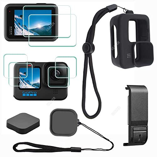 Accessory for GoPro Hero 12 11 10 9 Hero12 Hero11 Hero10 Hero9 Black,ULBTER Lens Screen Protector +Battery Door Dustproof +Rubber Case Sleeve+Lanyard + Lens Cap Cover + Lens Cap Keeper Protective Case