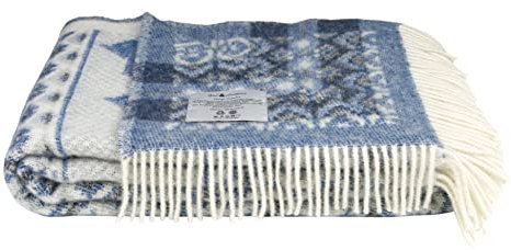 ÖJBRO VANTFABRIK Dalarna Blå gewebte Wolldecke mit Fransen 130x200 cm Natur/blau/schwarz 100% Schafwolle Strick-Plaid Tagesdecke Quilt warm weich - Hergestellt in Schweden