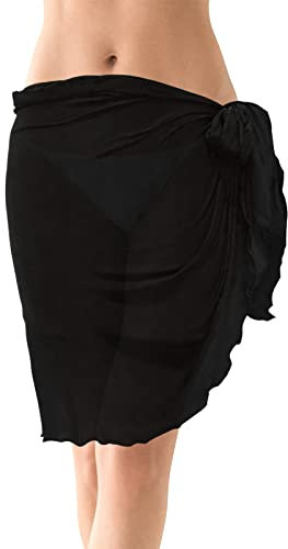 Damen Strand Sarong, Chiffon Badeanzug Strandrock Wrap Kurz, Sexy Pareo Wickelrock Strandkleid, Bademode Strandtuch Vertuschung, Cover Up Bikini Strand Rock für Damen Urlaub Sommerstrand (Schwarz)