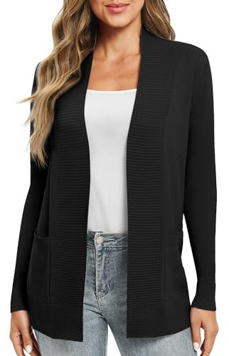 EXCHIC Femmes Décontractée Manche Longue Tricoté Cardigan Poids Léger À l'aise Avant Ouvert Manteau Chandails Longs avec Poches(S, Noir)