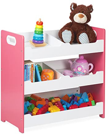 Relaxdays Kinderregal, 5 Fächer, Aufbewahrungsregal mit Griffen, HxBxT: 60 x 63 x 30 cm, Spielzeugregal, MDF, weiß-rosa, Faserplatte