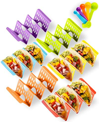 Aofure Soporte para tacos de alta calidad, colorido juego de 6 o 4, soportes para tacos para 3 tacos para cáscaras blandas/duras, estante para tacos callejeros con platos y bandeja, apto para