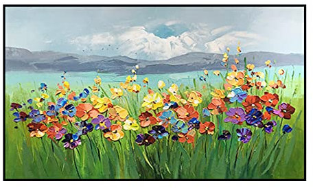 LCDIUDIU Gemälde, Bunte Blumen Busch Pflanzen Am See Berglandschaft Abstrakte Moderne Original Handgemalte Ölgemälde Auf Leinwand Für Familie Wand Wohnzimmer Esszimmer Home Art Decor