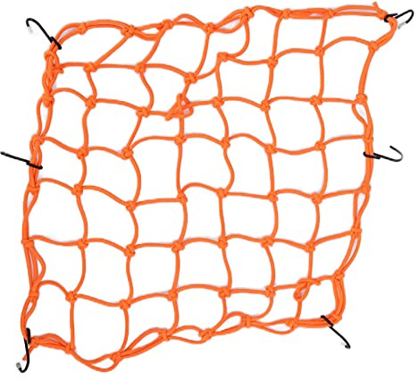 12x12 in Motorcycle Cargo Net, Made of Rubber 25KG Heavy Duty Bungee Net Stretches to 35in, Gear Helmet Luggage Thicken Netting with 6 Adjustable Metal Hooks for Motorcycle,(B (Fluorescent Orange))
