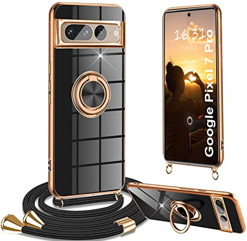 Yutwo Handykette Google Pixel 7 Pro Hülle mit Band, Handyhülle Google Pixel 7 Pro mit Band 360° Halter Ständer Kratzfest Silikon Stoßfeste Schutzhülle für Google Pixel 7 Pro, Schwarz