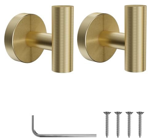 YUET 2 Pcs Bathroom Towel Hook,Screw in Metal Coat Hooks Brushed Brass Robe Hook SUS 304 Stainless Steel Heavy Duty Door Hanger Towel Robe Clothes Closet Sponges Holder for Bathroom Hotel (Gold)