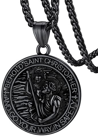 FaithHeart Christophorus Halskette für Herren Mann, Heiliger Christophorus Anhänger für Autofahrer, Schwarz Schutzpatron Amulett mit Runder Anhänger für Weihnachten Geburtstag