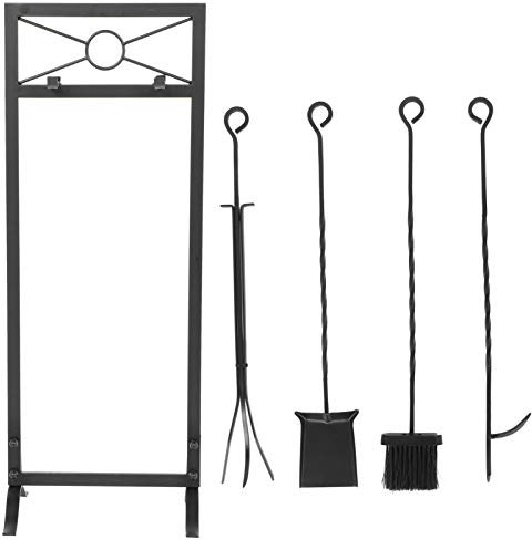 Indoor Outdoor Kamin Erde Schmiedeeisen Feuerholz Werkzeug Set mit Zange, Schürhaken, Basis, Schaufel, Bürste, 5 Stück Kamin Schwarz