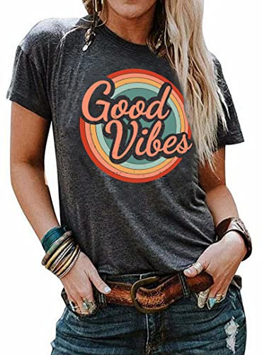 tiorhooe Damen Good Vibes Shirts Regenbogen Print T-Shirt Kurzarm Tops Rundhals Tee Sommer Bluse