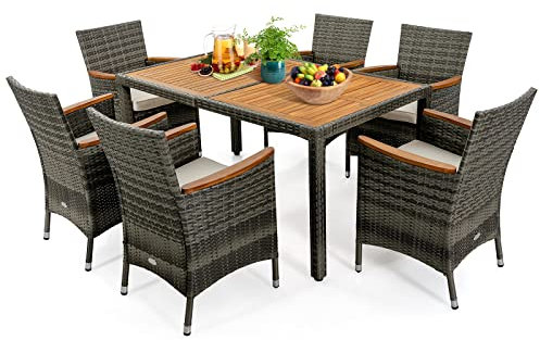 COSTWAY 7 Pezzi Set di Mobili da Pranzo, Set Mobili da Giardino in Rattan PE, con 1 Tavolo Rettangolare in Legno di Acacia e 6 Sedie con Cuscini, Ideale per Cortile Giardino e Piscina