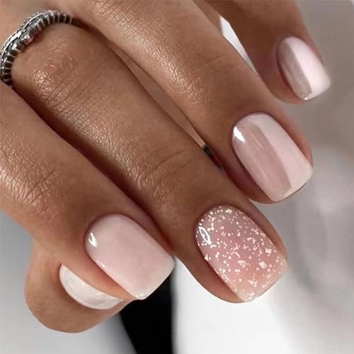 24pcs French False Nails Short - Almond Square Press on Nails - Full Cover Acrylic False Nails With Glue - French Fake Nails Stick on Nails for Women and Girls Nail Art (Pink Pearl)